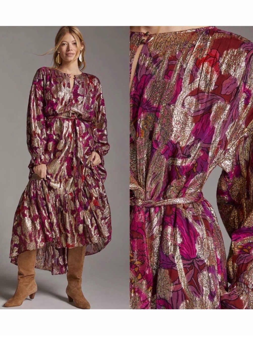 Anthropologie Pink Gold Metallic Shimmer Embroidered Floral Tiered Maxi Dress